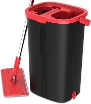 Flat Floor Mop and Bucket Set for Professional Home Floor Cleaning System with Aluminum Handle/2-Washable Microfiber Pads Perfect Home + Kitchen Cleaner for Hardwood, Laminate, Tiles, Vinyl