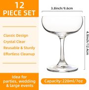 Set of 12 - Champagne  Glasses, 7 Oz Clear Cut Rim Martini Glass with Short Stable Base, Ideal for Parties, Birthdays and Bars, Dishwasher safe - Image 2