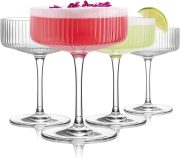 Glasses Set of 4, 10oz Crystal Ribbed Martini Glasses, Vintage Cocktail Glass, Hand Blown for Espresso Martini, Margarita, Home Bar &Gift,Glassware