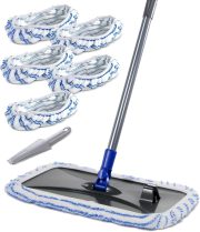 Extra Large Microfiber Mop for Floor Cleaning, 16“ Flat Mop with 5 Pad for Wet & Dry Use, Dust Mop for Hardwood Laminate Tile Ceramic, 1 Cleaning Scraper Included-Blue
