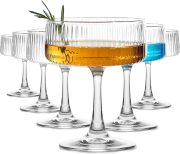 Glasses Set of 6, Ribbed Large Martini Glass, 10oz Vintage Cocktail Glasses for Espresso Martini, Manhattan, Margarita, Pisco Sour, Home Bar