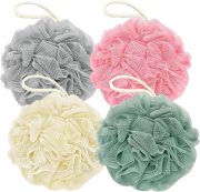 Shower Loofah Bath Sponge, 60G Loofah Exfoliating Body Scrubber, 4 Color Mesh Shower Pouf Balls for Body Wash (Pink Green White Gray)