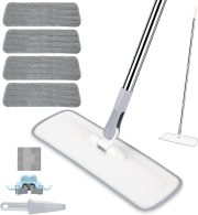 Microfiber Mop for Cleaning Floors,55 Inch Extendable Flat Mop with 4 Reusable Washable Pads, 1 hook, 1 wall piece, and 1 scraper, Wet Dry and Dust Mops for Bathroom Kitchen, Floor,Ceramic Tiles