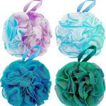 Shower Loofah Sponge Pouf – XL Exfoliating Bath Puff Body Scrubber, Soft Mesh Shower Sponge with Reinforced Knot, Rich Lather, Set of 4 for Women and Men
