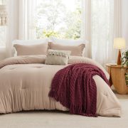 Full Comforter Set with Throw Blanket - 5 Pieces Boho Bedding, Down Alternative Bed in a Bag，Warm Taupe Bed Set with Comforter, Pillow Shams, Throw Pillow, Chenille Blanket - Image 2